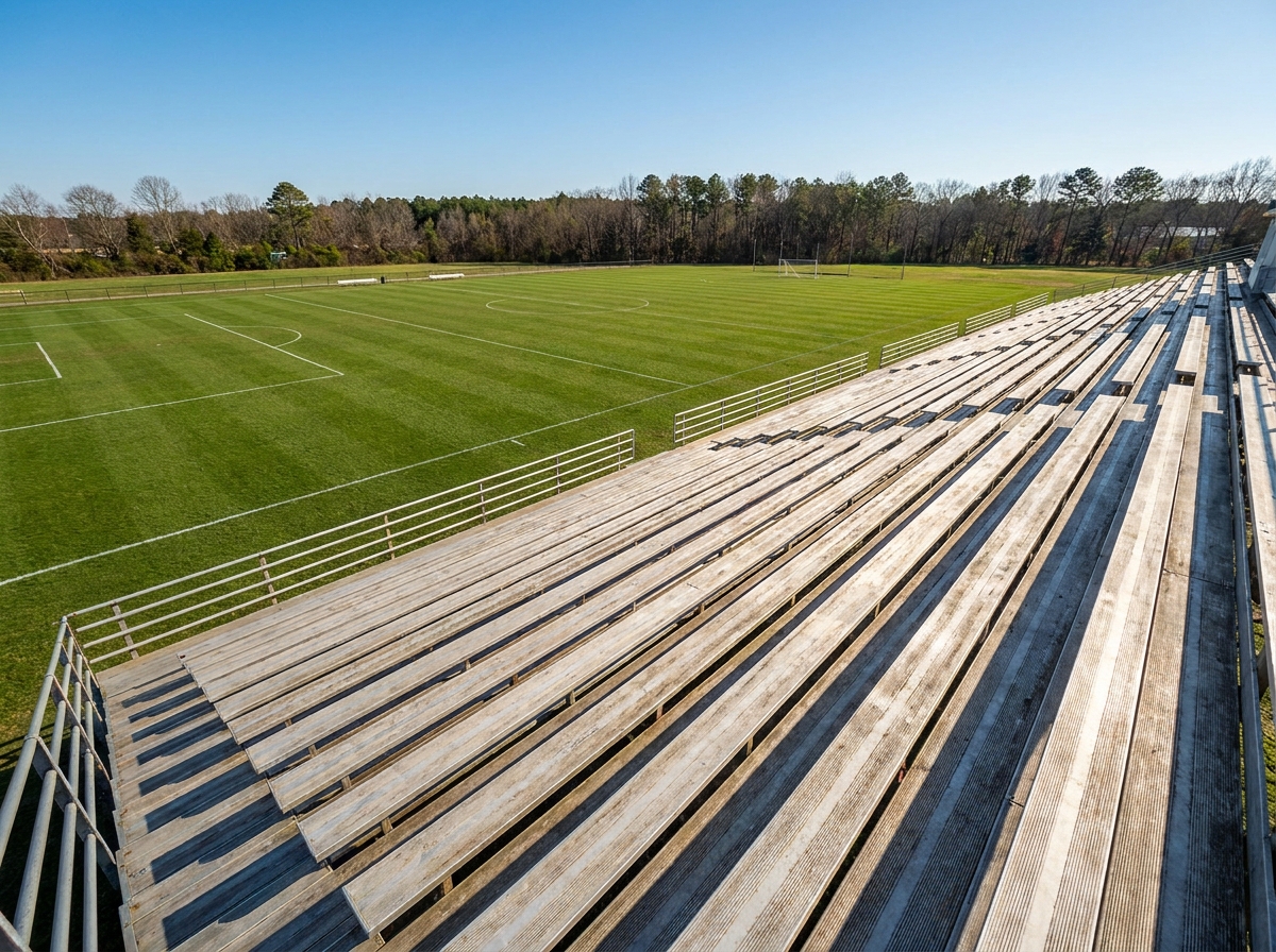 Empty bleachers overlooking a clean lacrosse field before an event.