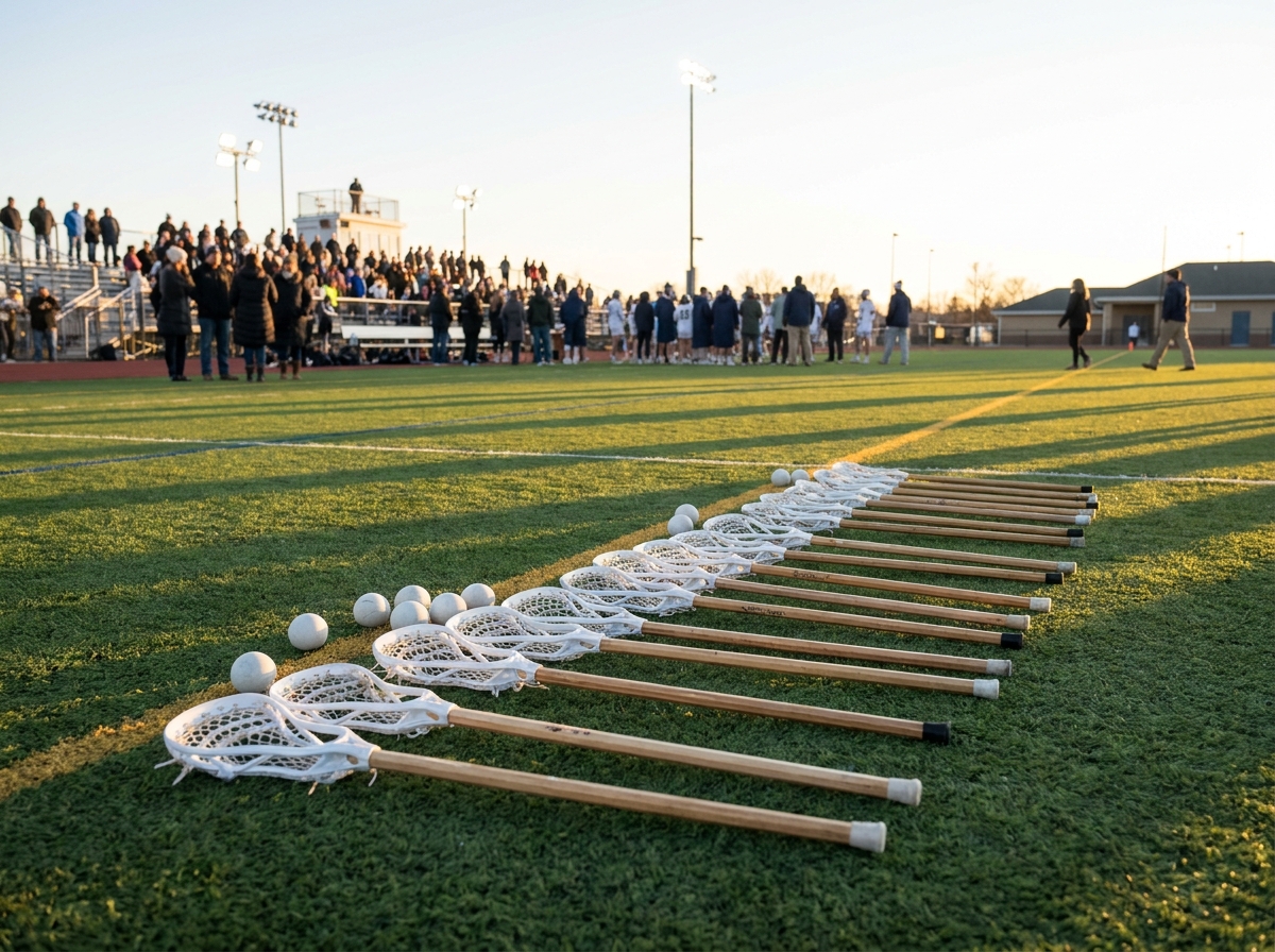 Lacrosse sticks and balls lying on the sideline of a field.