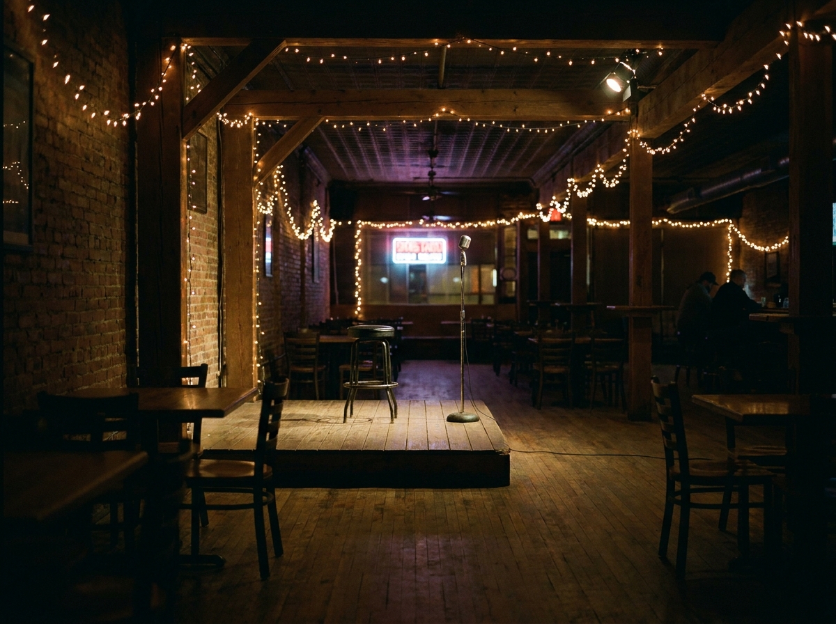 An empty bar in Lafayette prepared for a local comedy night.