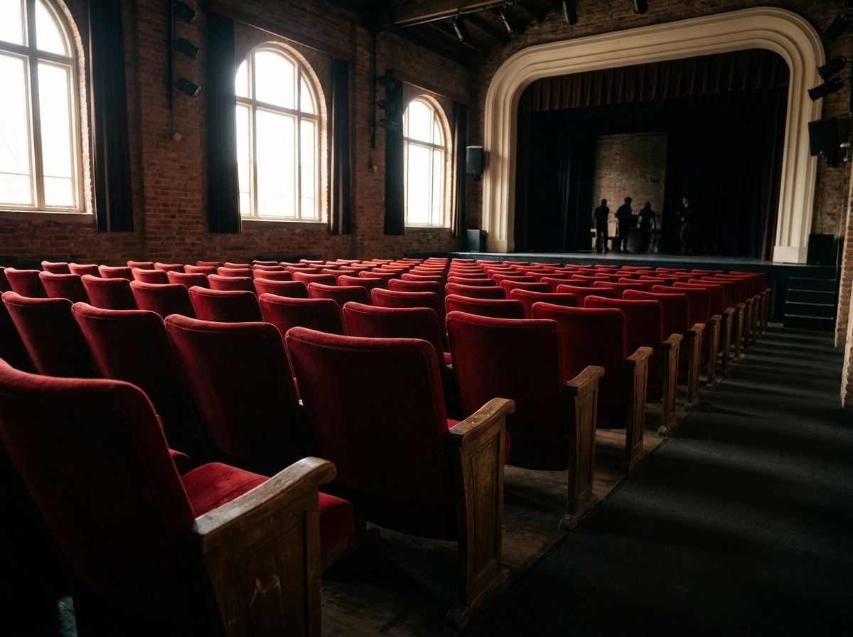 Empty seats in a small Lafayette theater waiting for a comedy audience.