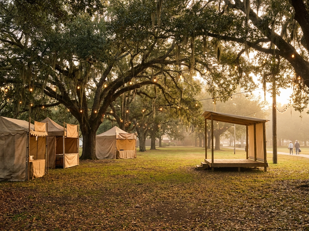 An outdoor festival space in Lafayette prepared for a community event at sunset.
