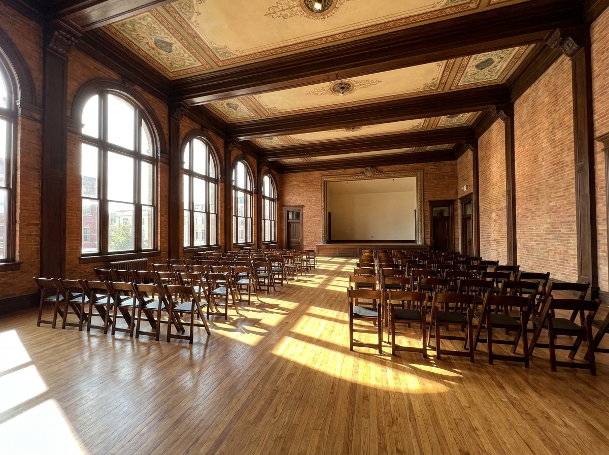 An empty event space inside a historic downtown Lafayette building set up for a performance.