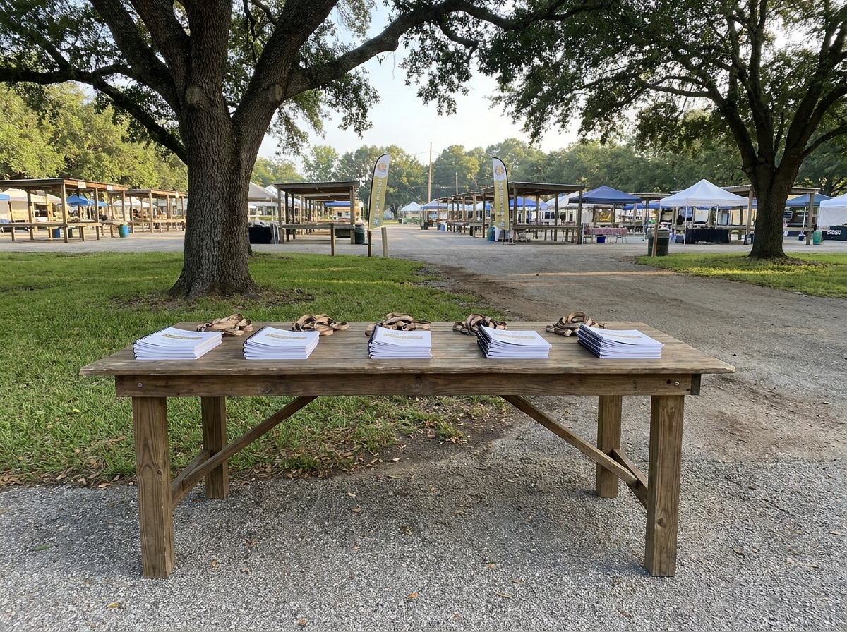 A check-in table prepared for guests at a Lafayette event.
