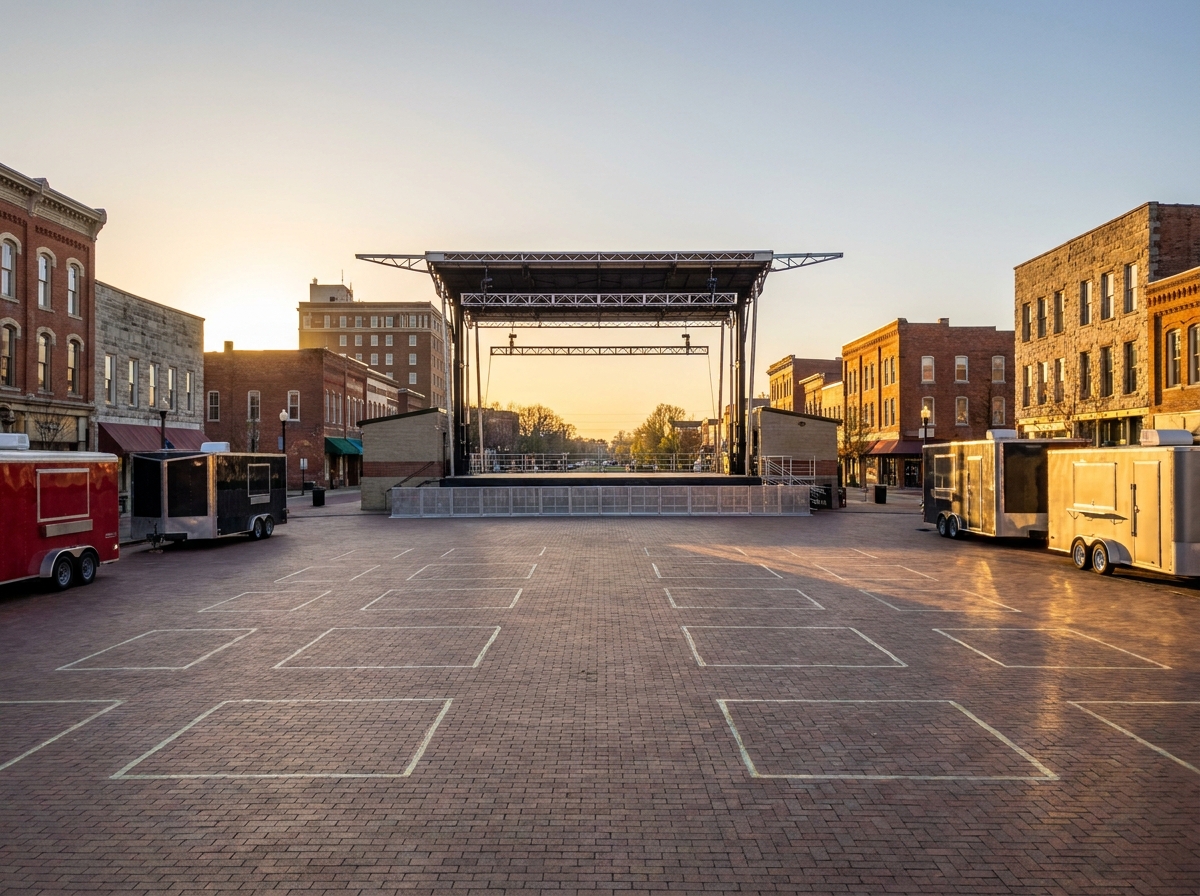 An empty downtown Lafayette square set up for an evening music event.