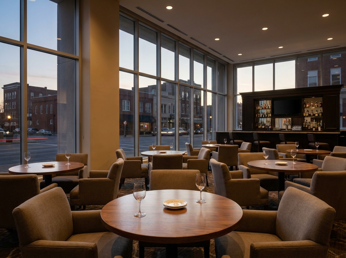An upscale hotel bar prepared for a professional networking event.