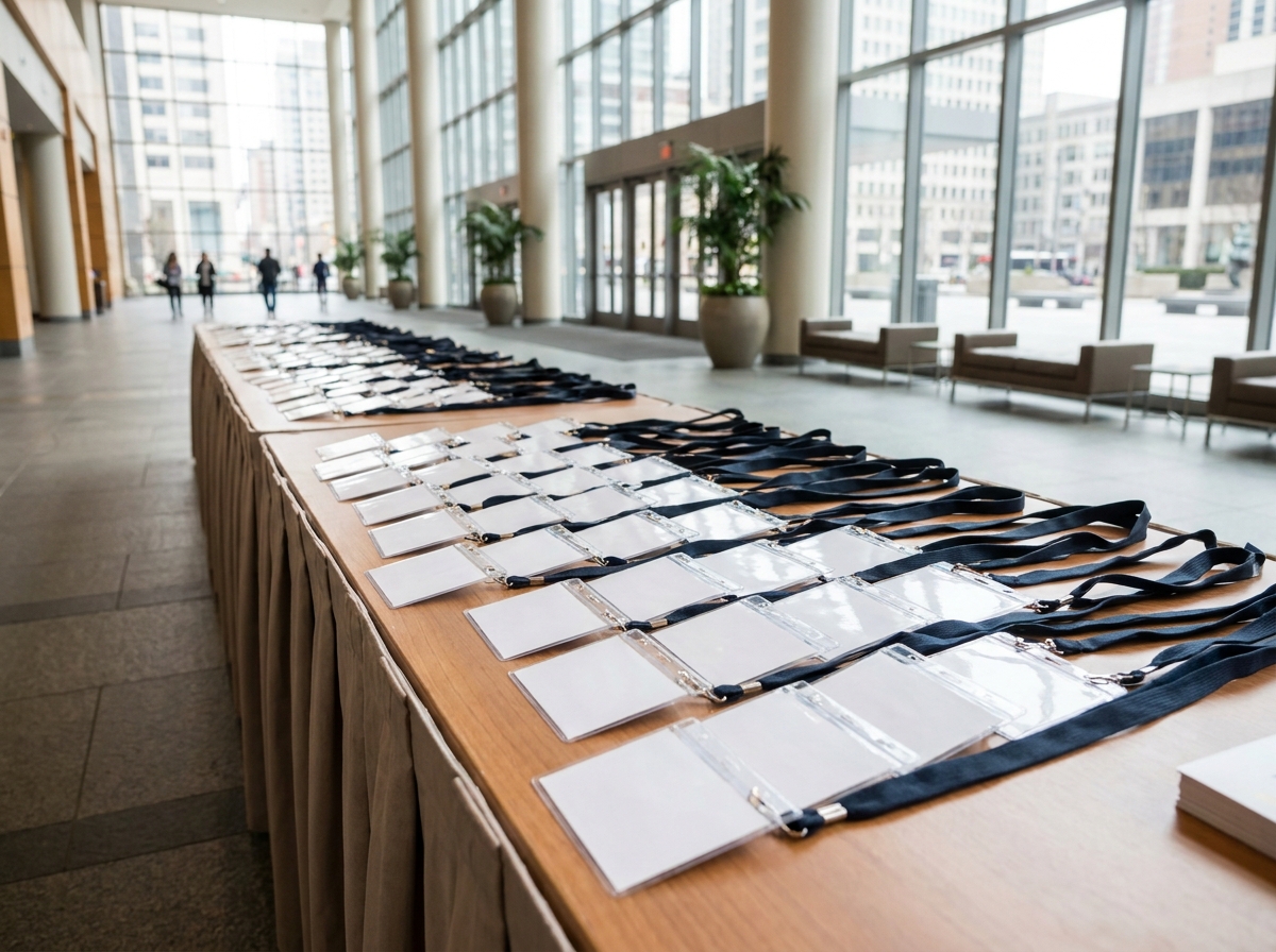 Name tags and lanyards ready for guests at a business conference.