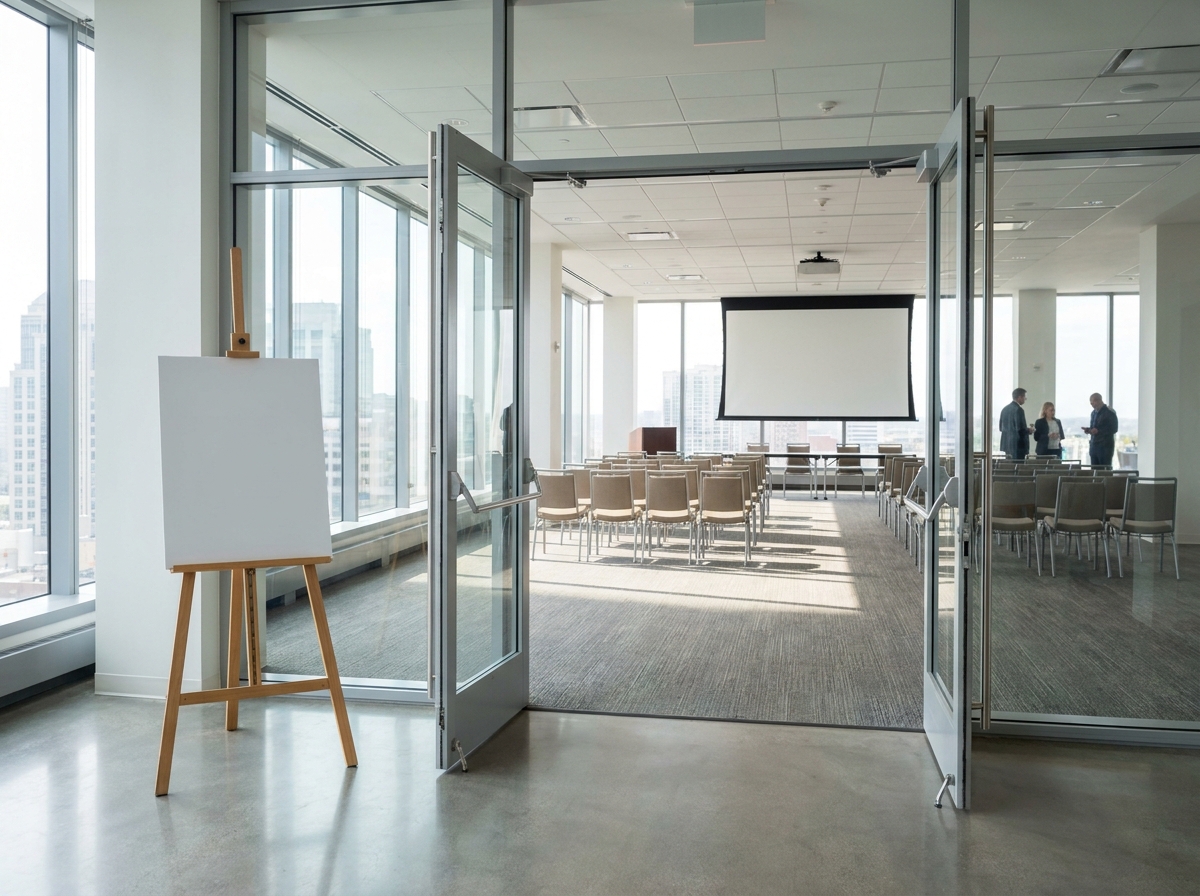 The empty entrance to a conference room, set up for a professional event in Lafayette.