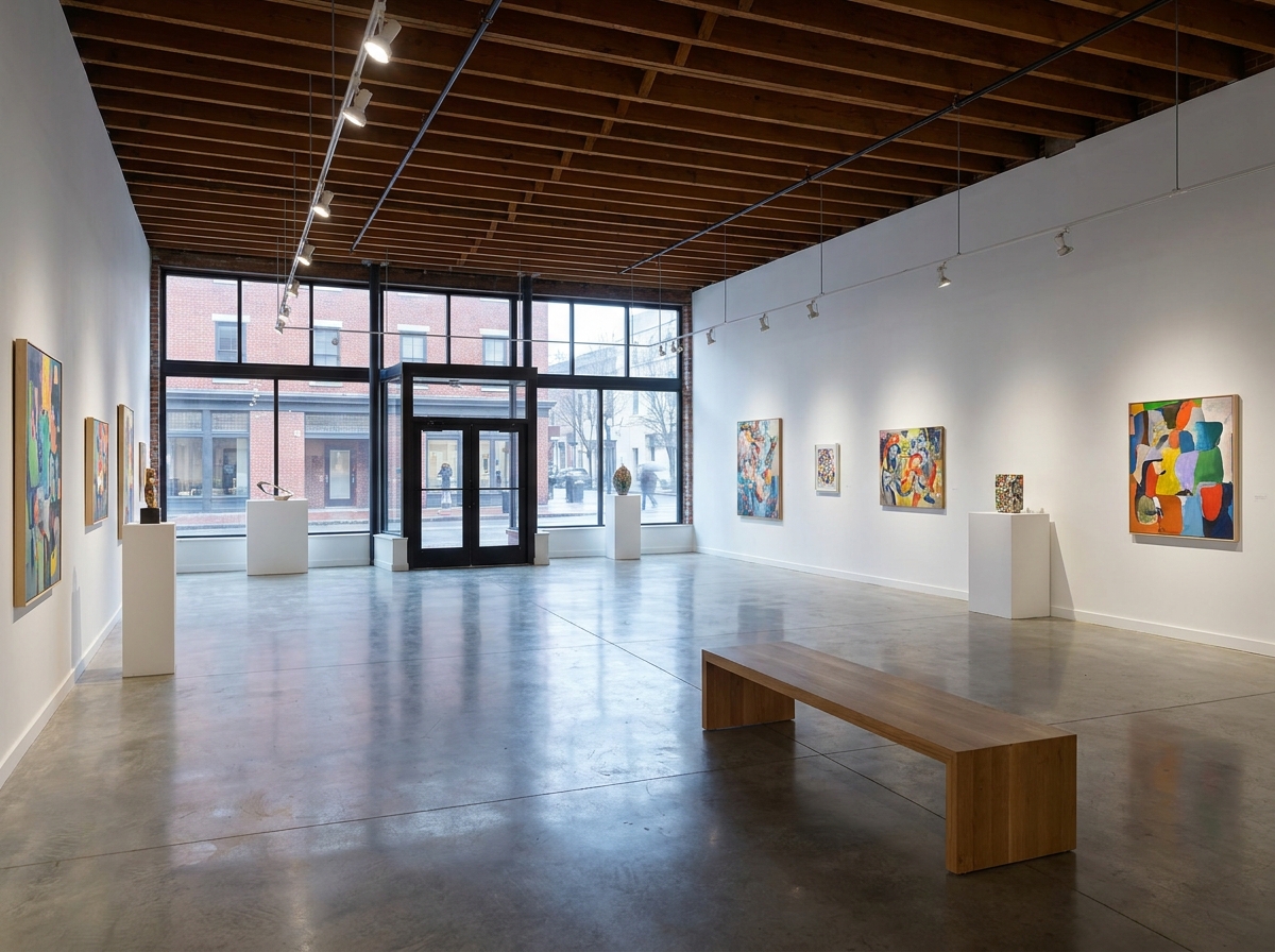 An empty art gallery in Lancaster's arts district, ready for an event.