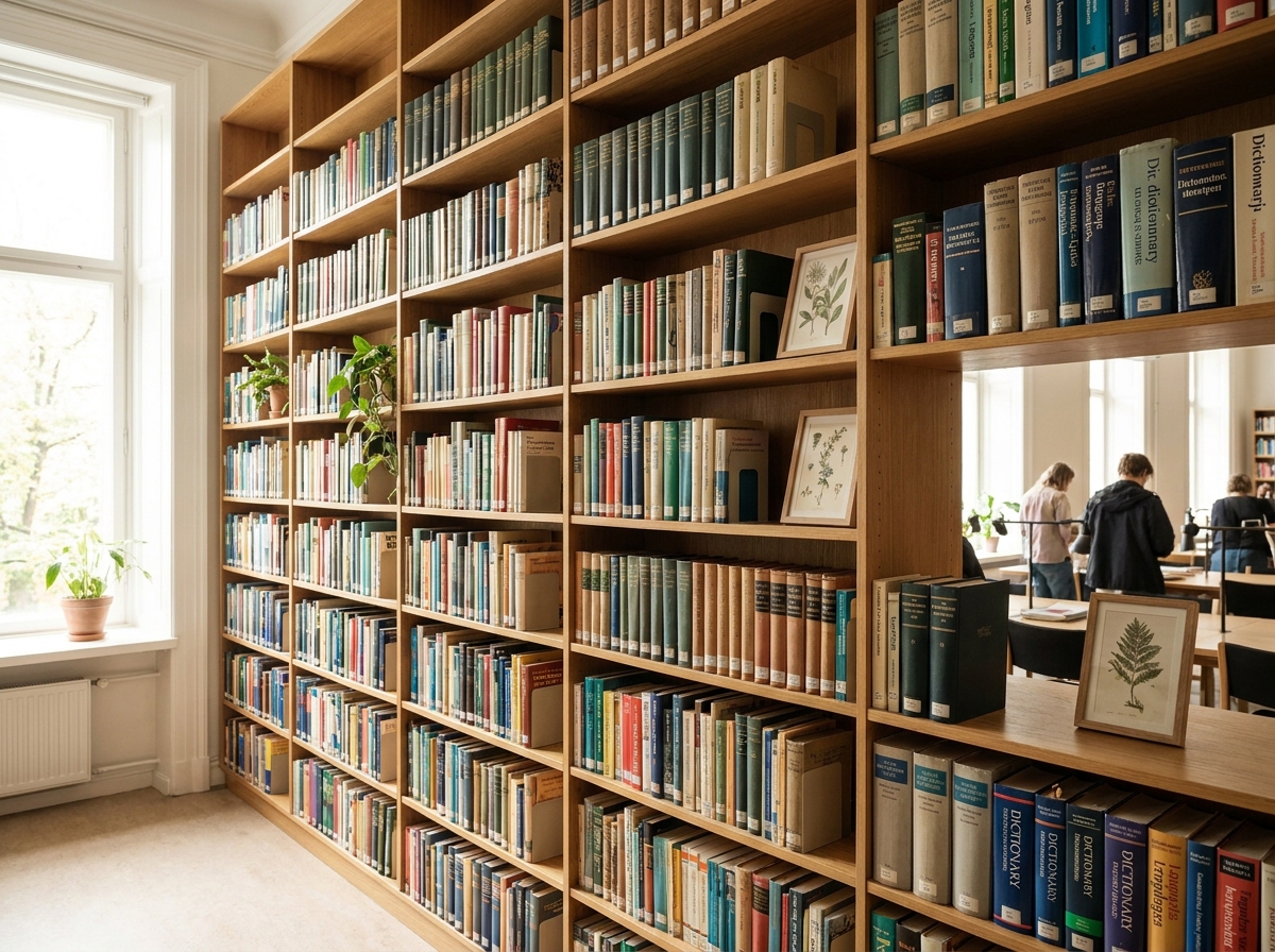 A collection of language learning books on a shelf, representing different courses.