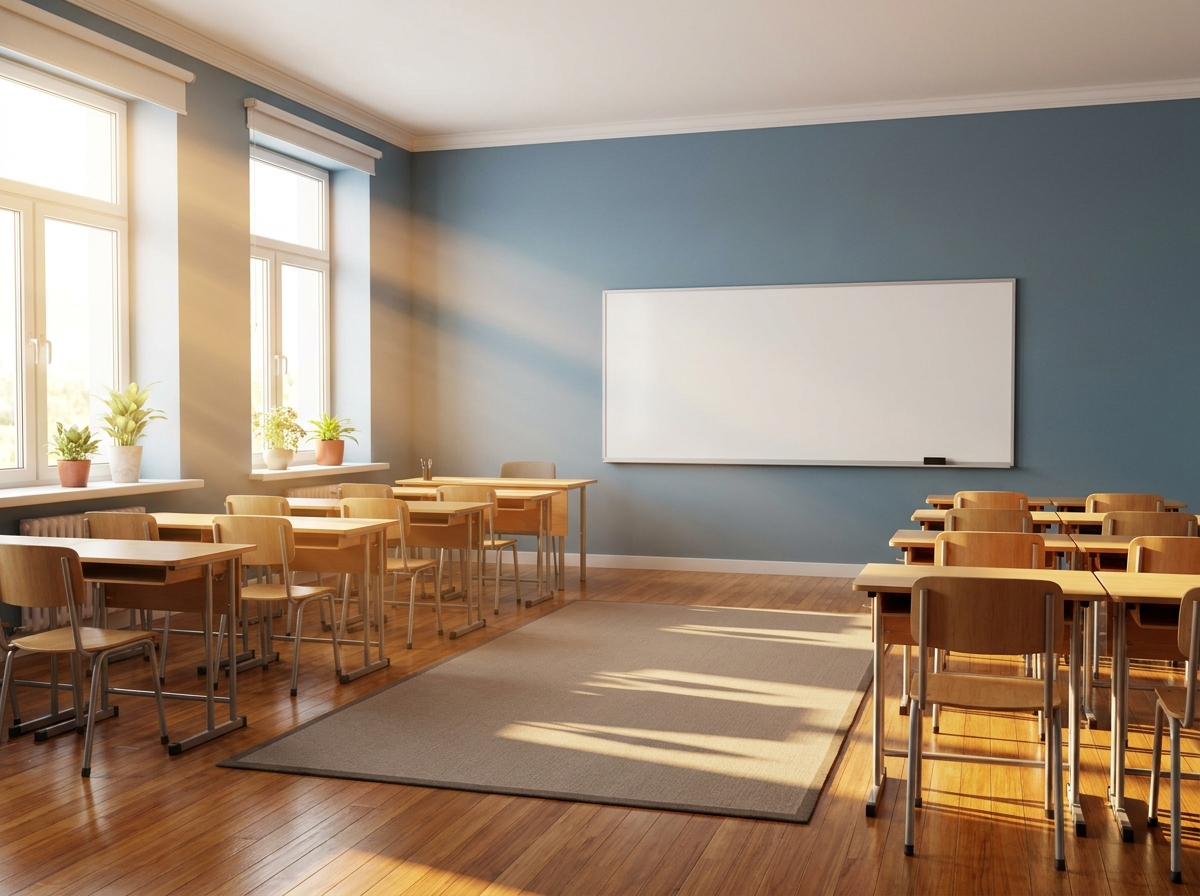 An empty language classroom prepared for students to arrive.