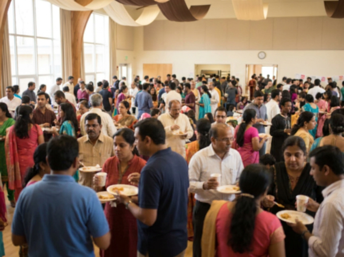 A diverse crowd of people networking at a community cultural event.