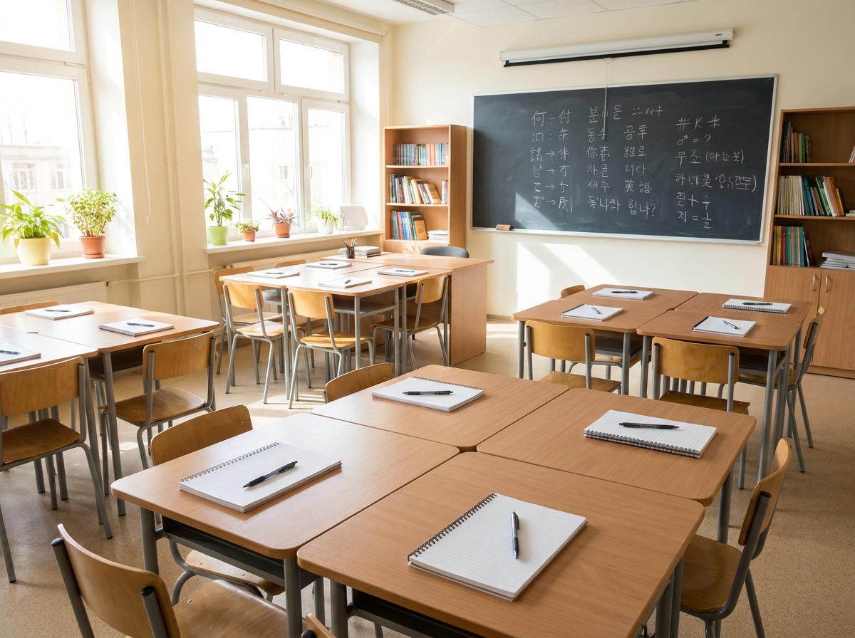 A classroom prepared for a language workshop, with notebooks on neatly arranged desks.