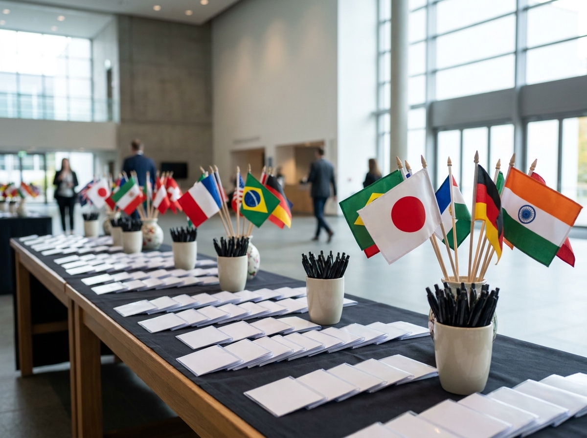 A registration table set up for a language event with name tags and decorative flags.