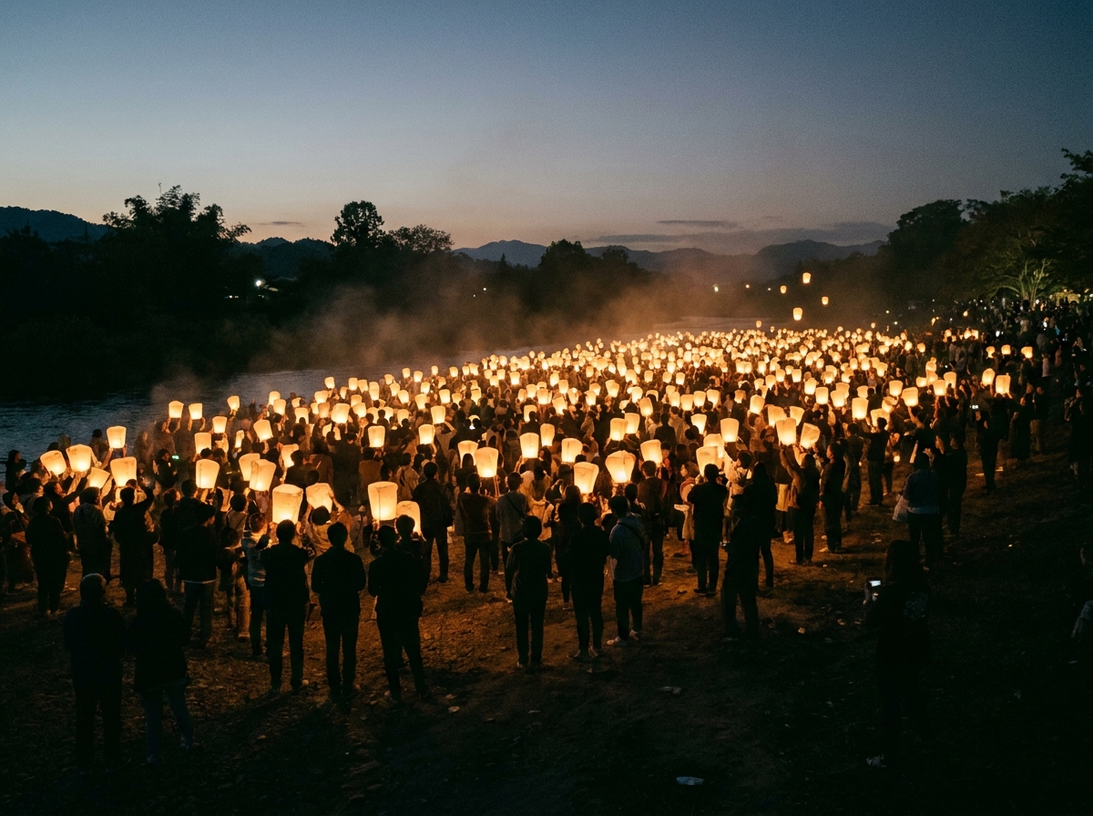 A crowd of people preparing to release their sky lanterns at an evening festival.