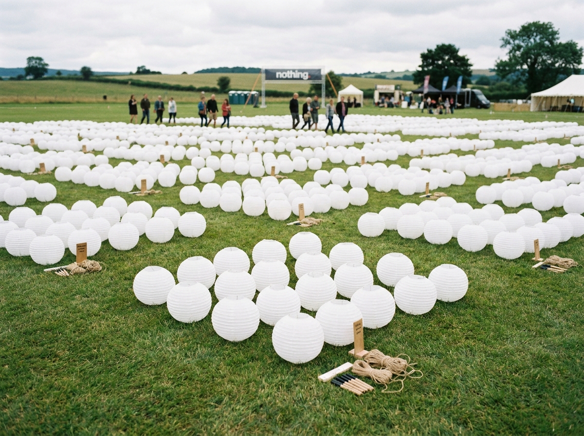 Rows of unlit sky lanterns waiting on a grassy field before a lantern festival begins.