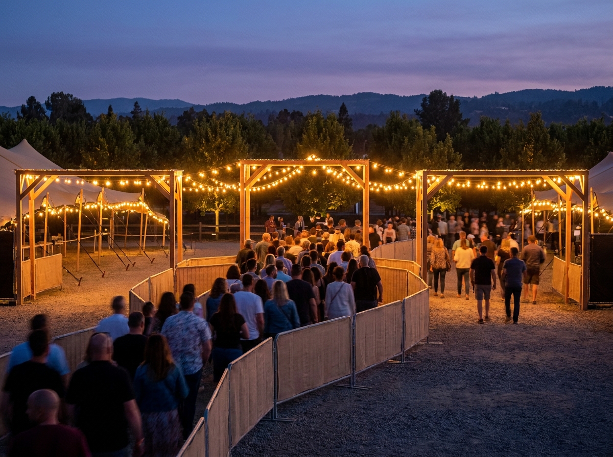 The organized entrance to an outdoor lantern festival at dusk.