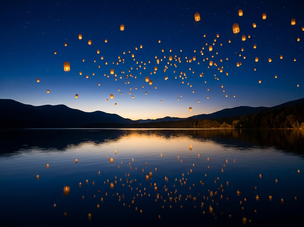 Glowing sky lanterns floating over a calm body of water at night after a release event.