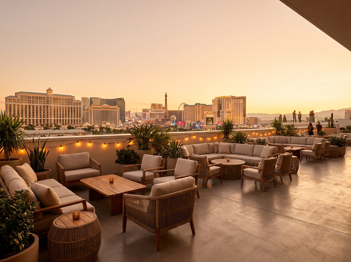 An empty rooftop event space at sunset with a view of the Las Vegas skyline.