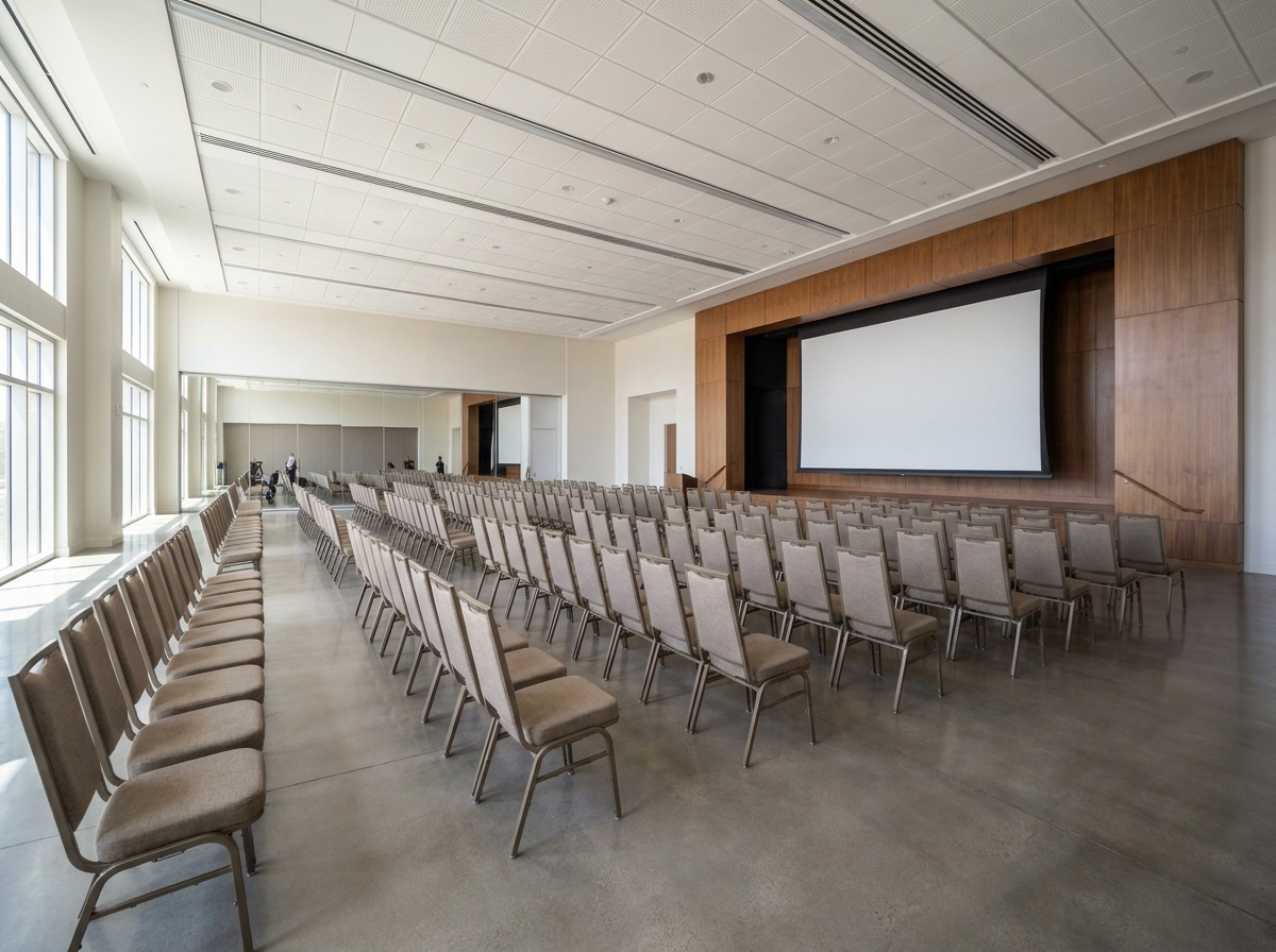 An empty conference room in Las Vegas set up for a corporate event.