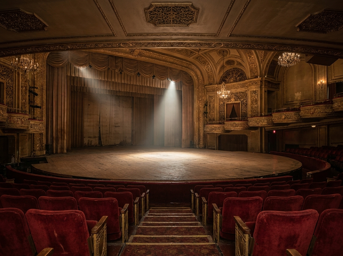 An empty, spotlit stage in an elegant Las Vegas theater, viewed from the audience.