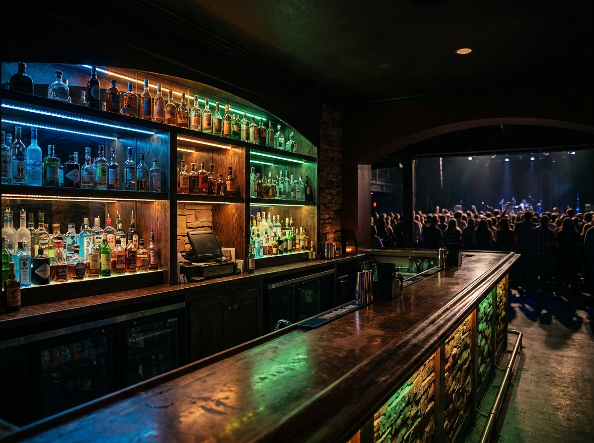 The stylish bar area of a venue set up for a Latin music night.