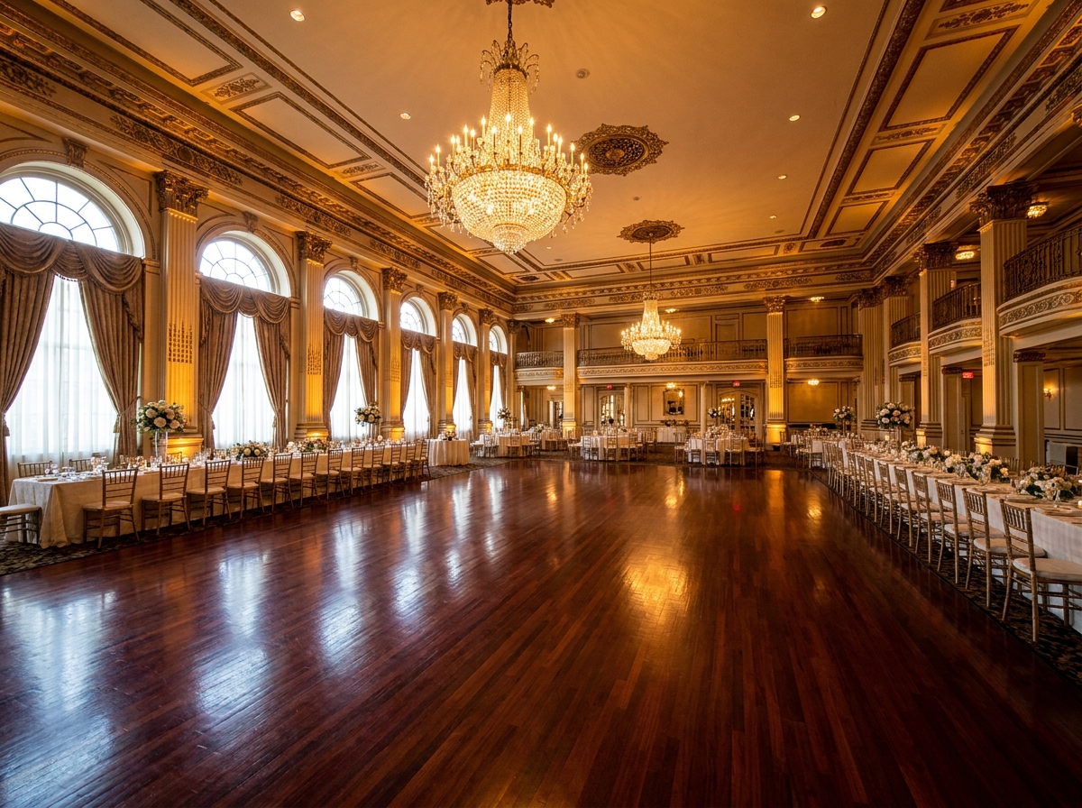 An elegant, empty ballroom with a polished dance floor, prepared for a Latin dance event.