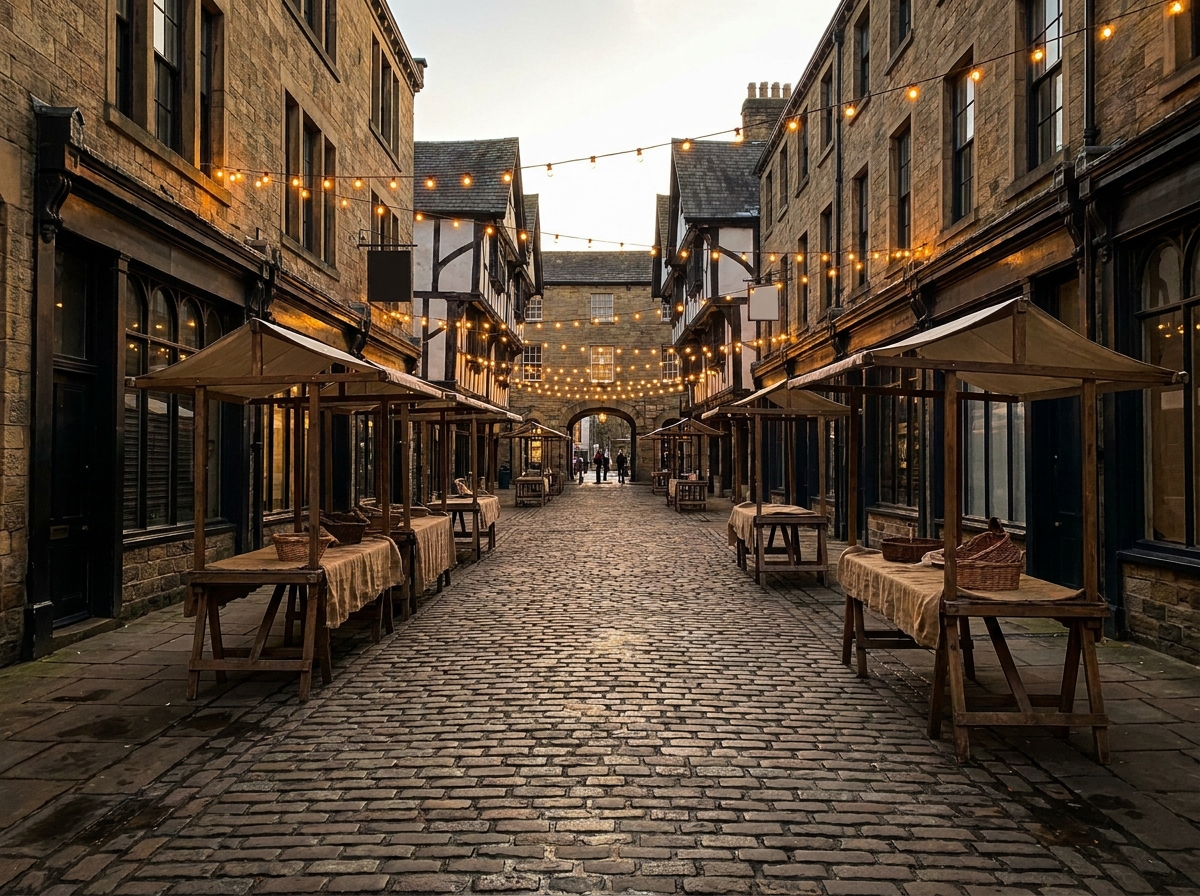 A charming, historic street in Leeds set up for an outdoor evening event.