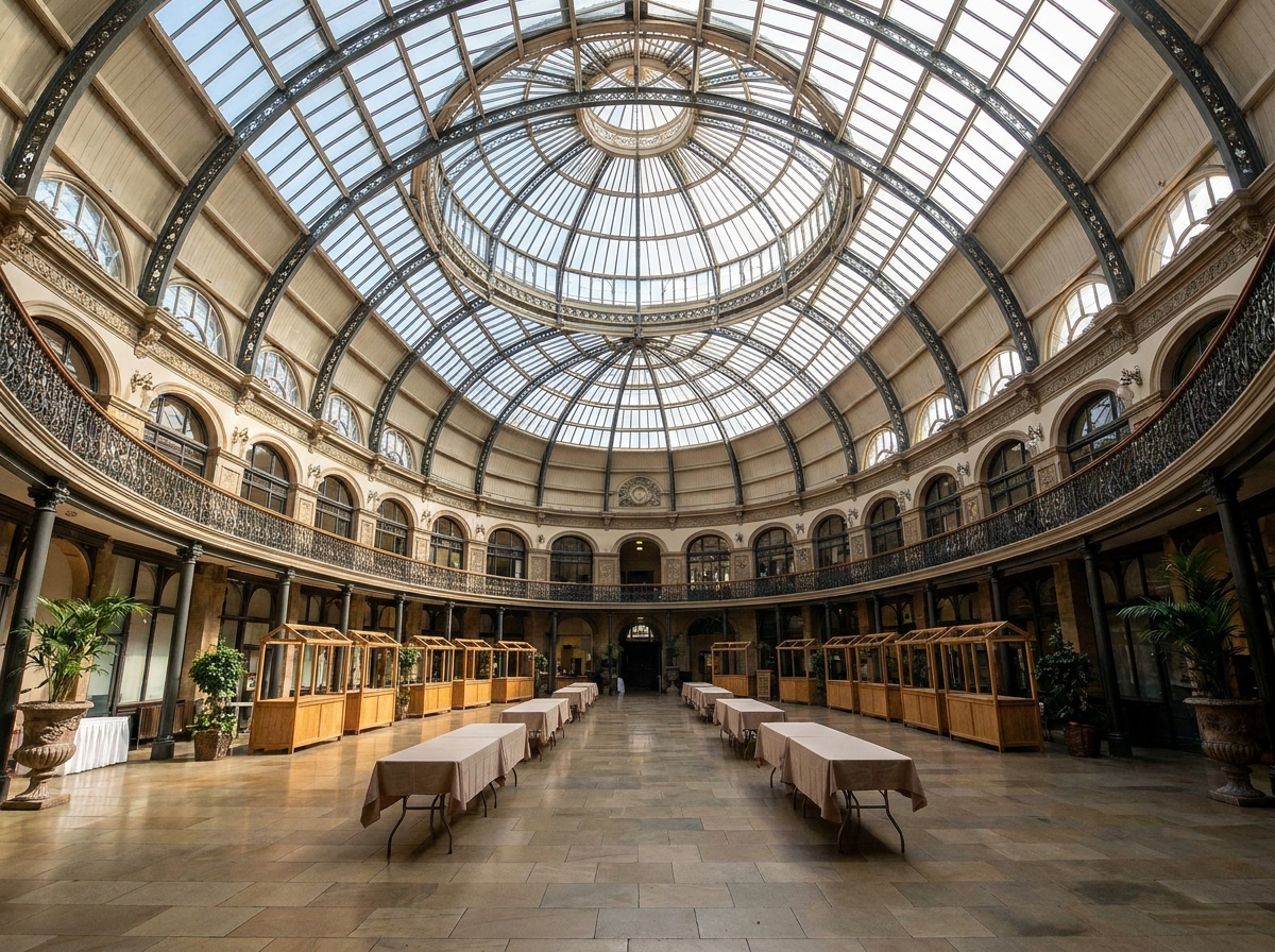 An ornate, historic market hall in Leeds prepared for an event.