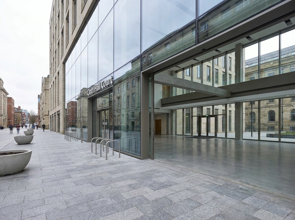The empty, modern entrance of an event venue in Leeds.