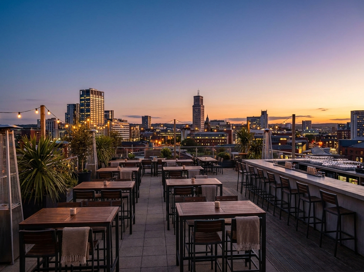An empty rooftop terrace venue in Leeds, overlooking the city at dusk.