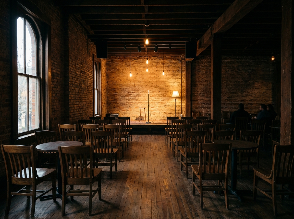 An empty stage at a music venue, ready for a performance in Lexington.