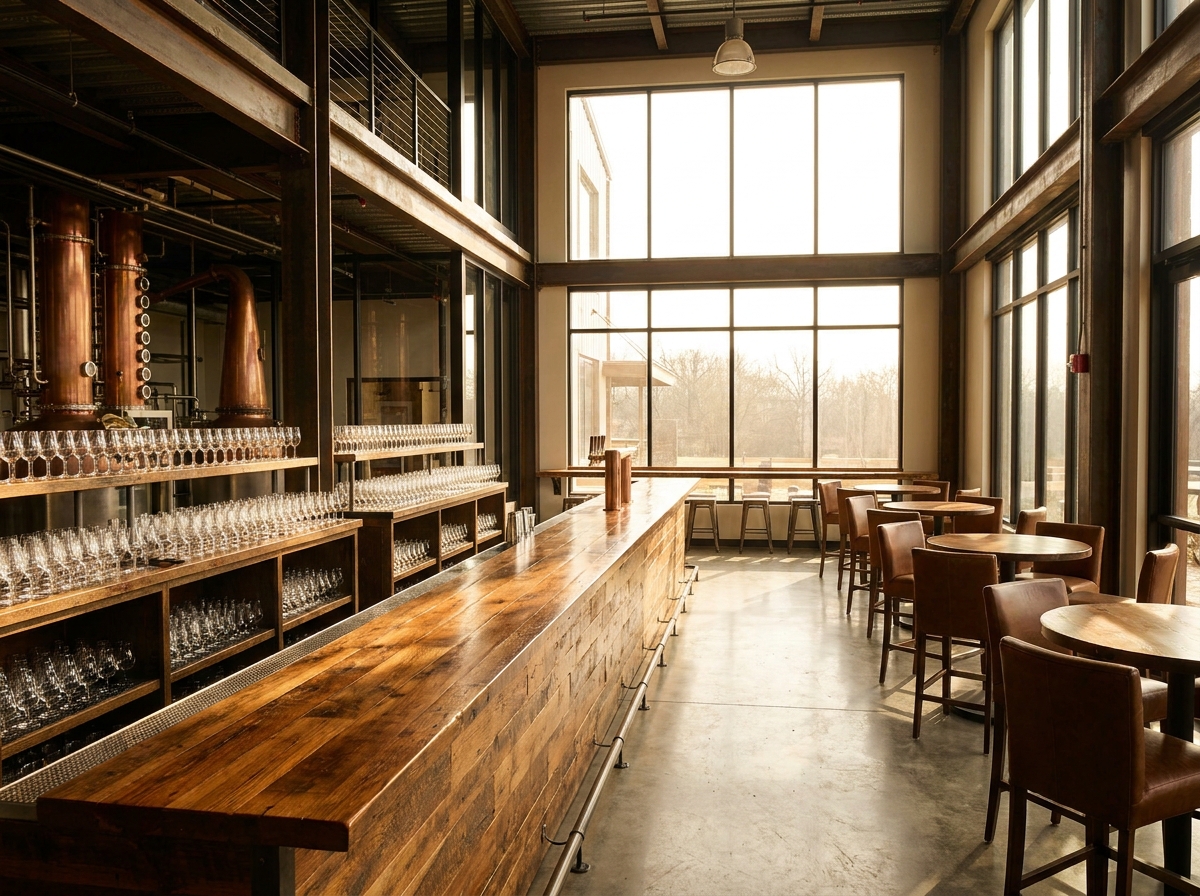 An empty bourbon distillery tasting room set up for a Lexington event.