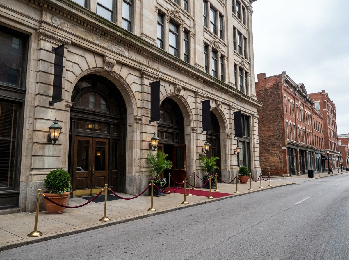The entrance to a historic Lexington venue prepared for guest check-in.