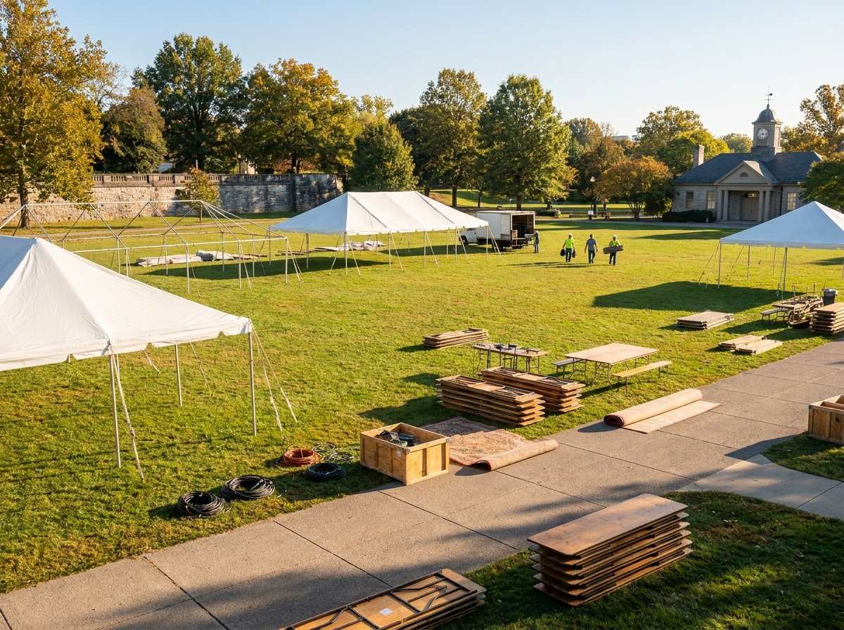 An outdoor festival space in Lexington being prepared for an event.