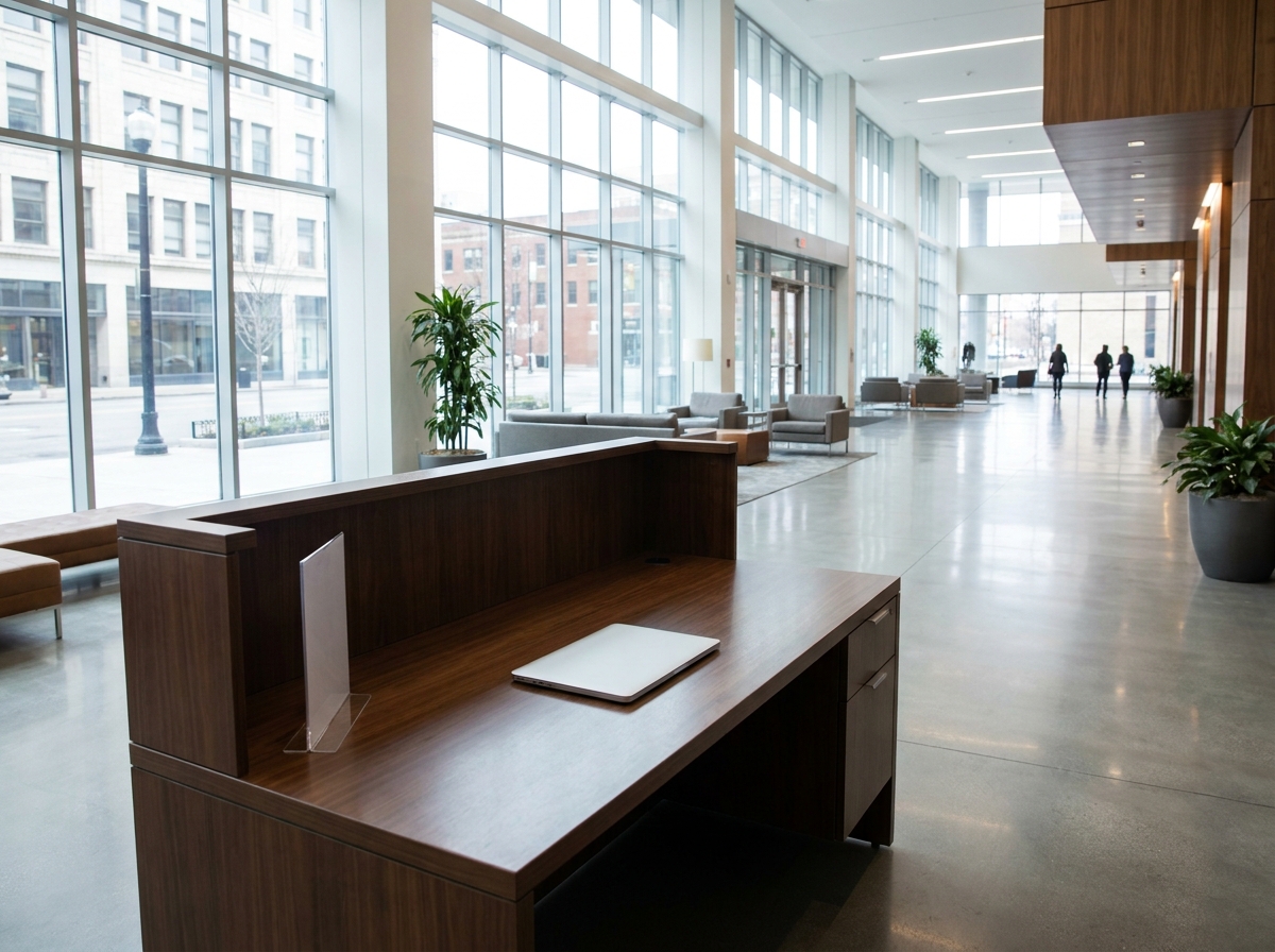 A professional registration desk ready for a networking event check-in.