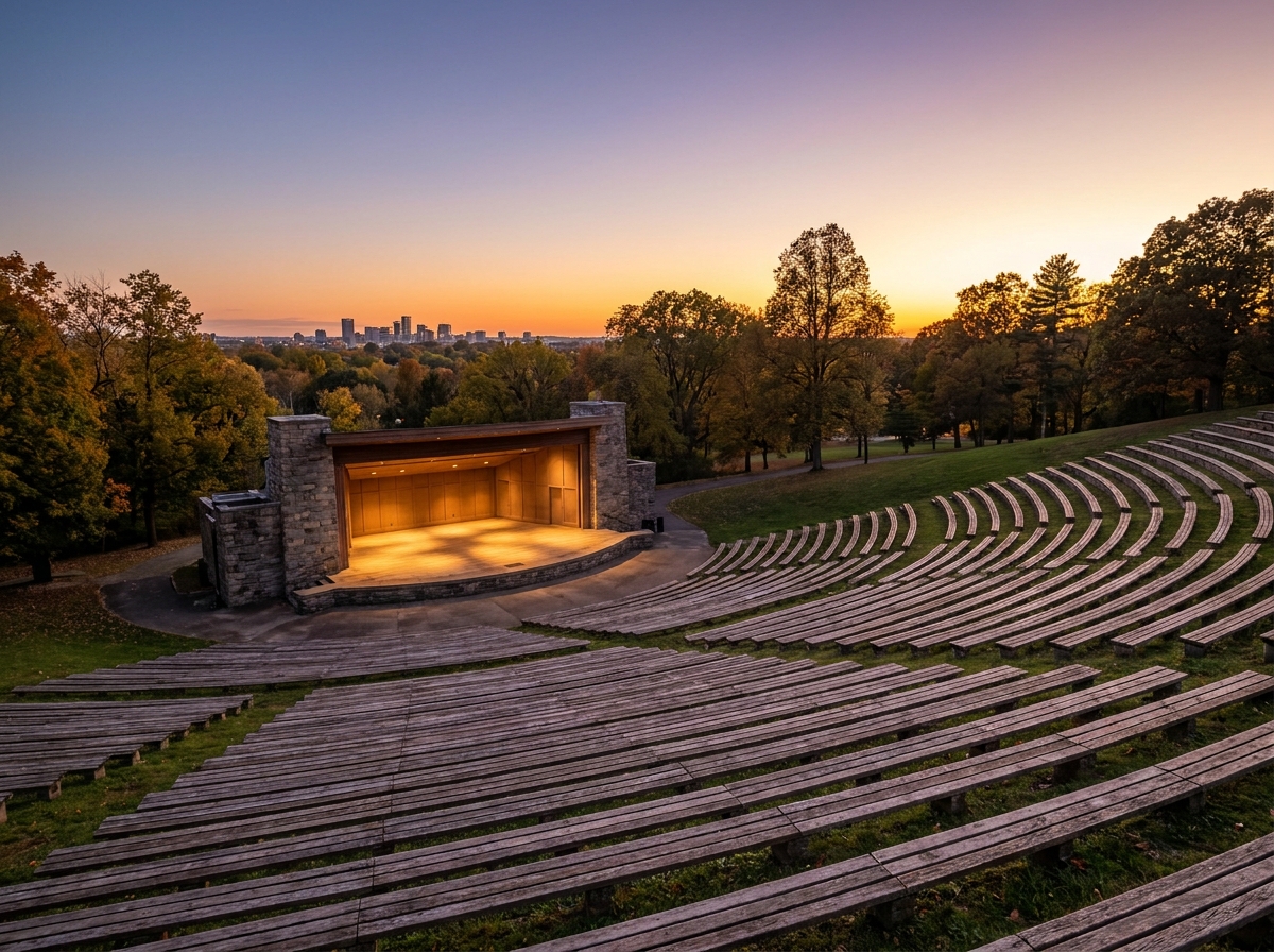 An empty outdoor amphitheater in Lincoln set for a summer concert series.