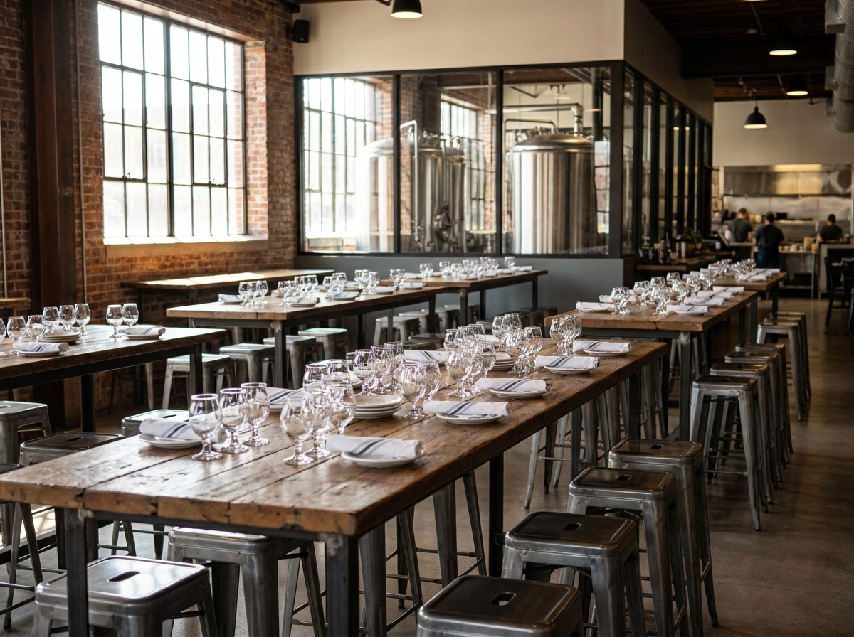 A modern Lincoln brewery taproom set up for an evening event.