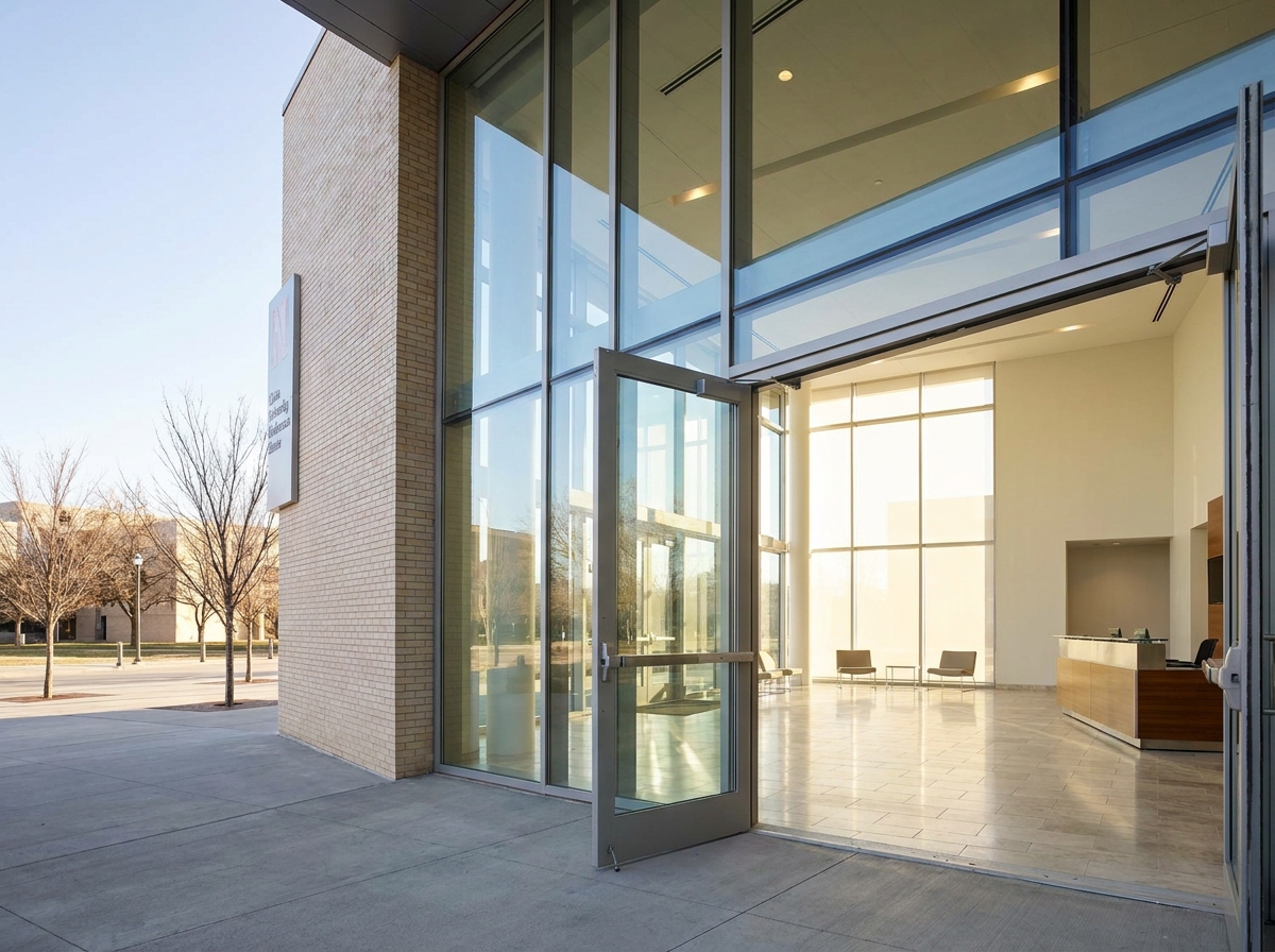 The empty, modern entrance of a Lincoln venue, ready for event check-in.