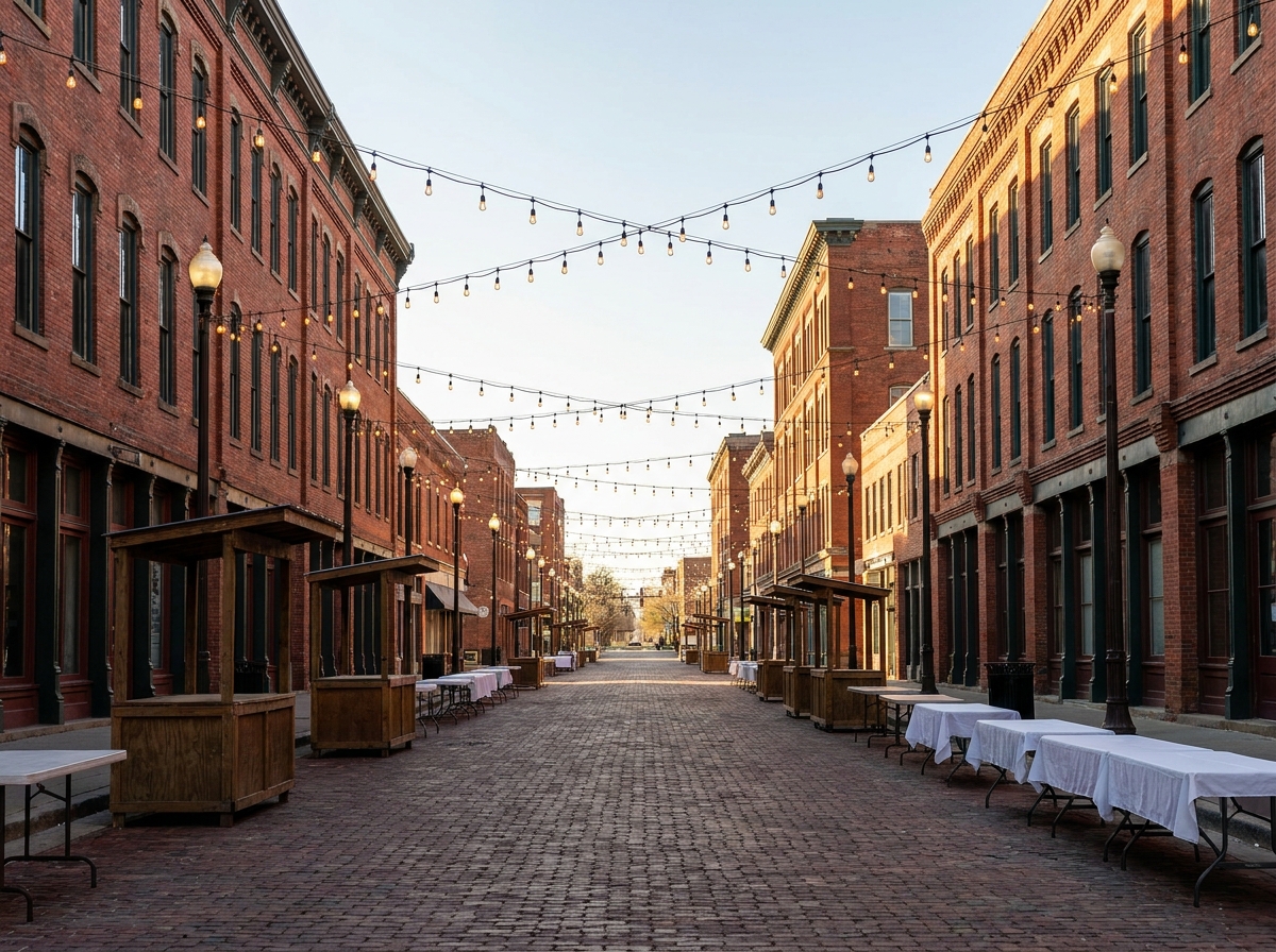 An empty street in Lincoln's Haymarket District prepared for a local festival.