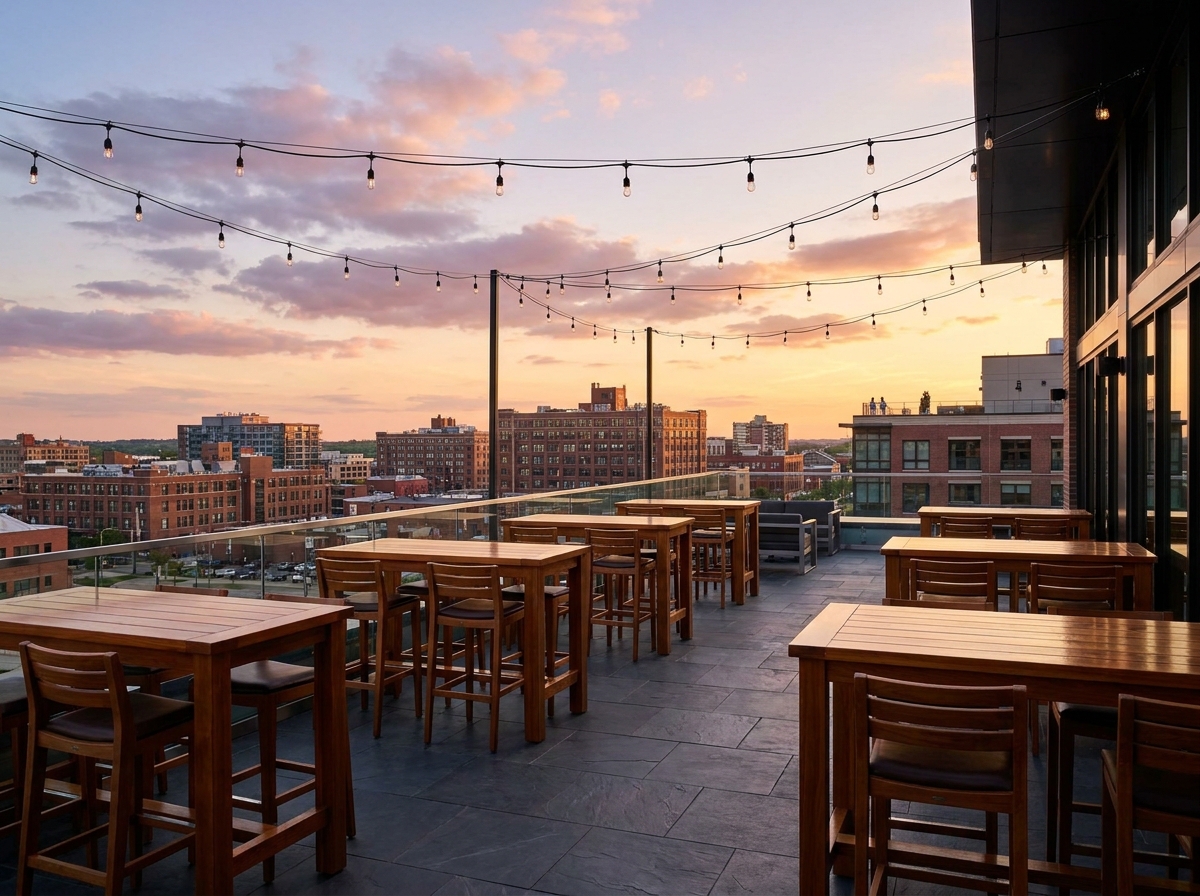 A rooftop venue in Lincoln prepared for a networking event at sunset.