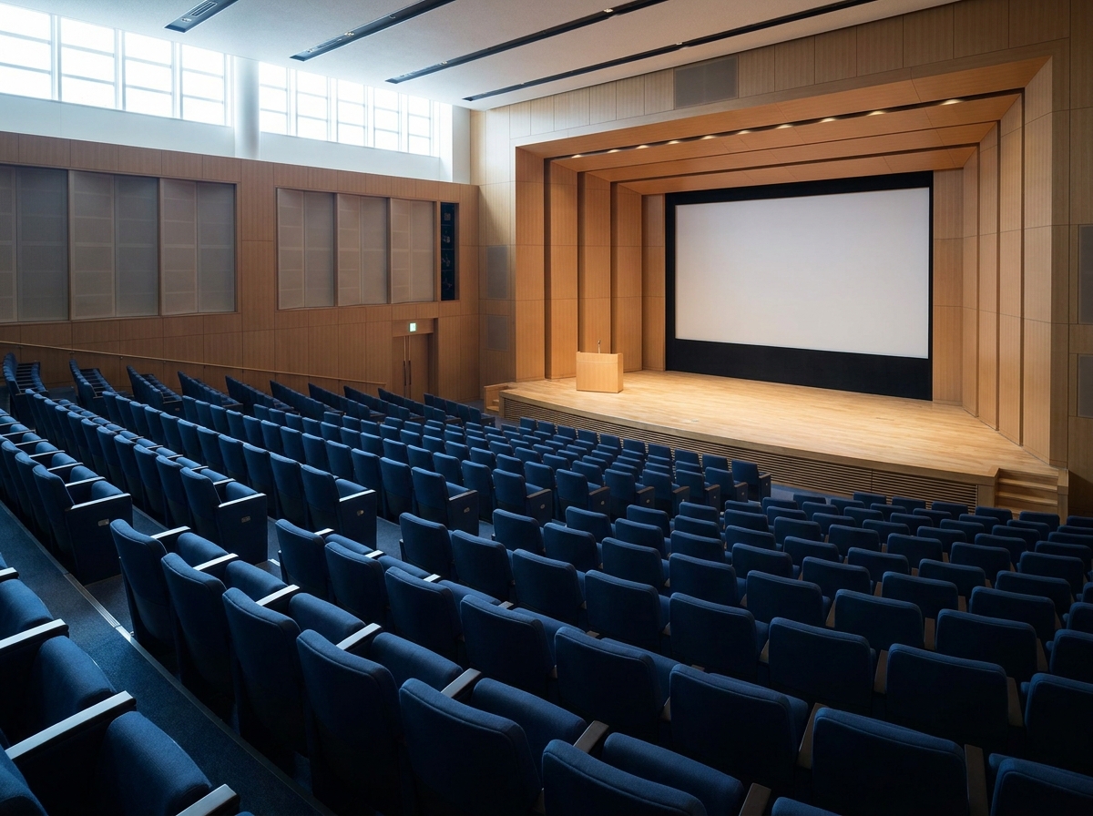 An empty auditorium stage set for a business seminar in Lincoln.