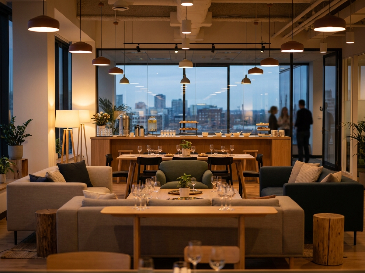 An empty co-working space in Lincoln set up for a networking event.