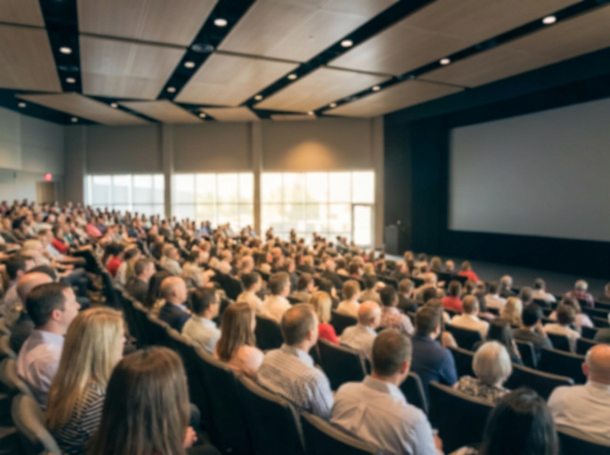 A large audience watching a screen, representing a virtual live event viewership.