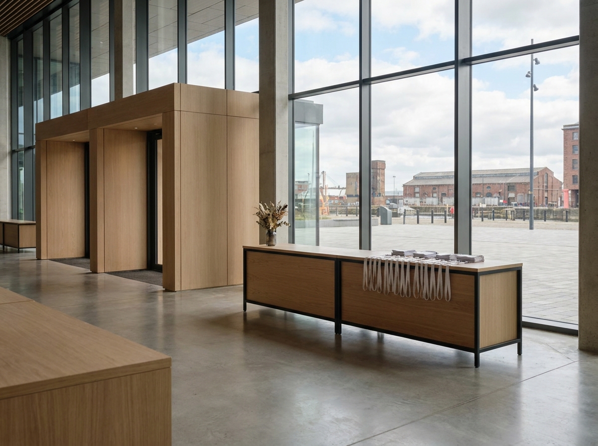 An empty, modern event venue entrance ready for attendee check-in.