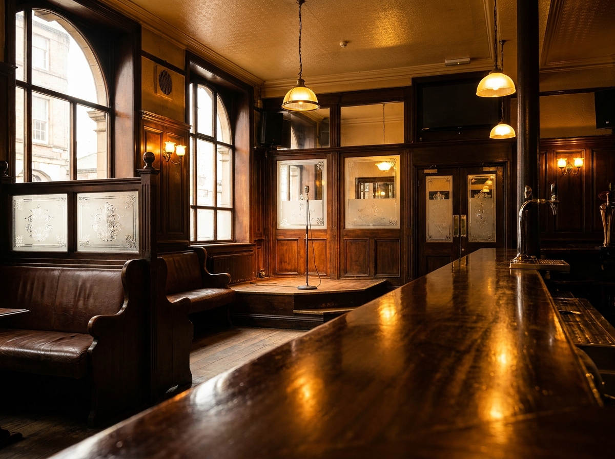 An empty stage in a traditional Liverpool pub, set for a performance.