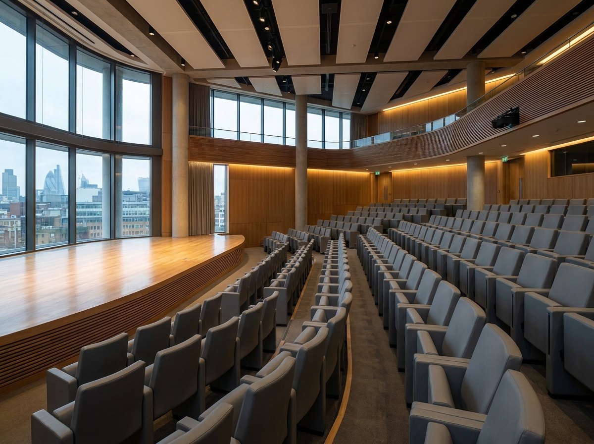 An empty presentation stage and seating at a London conference centre, ready for a business event.