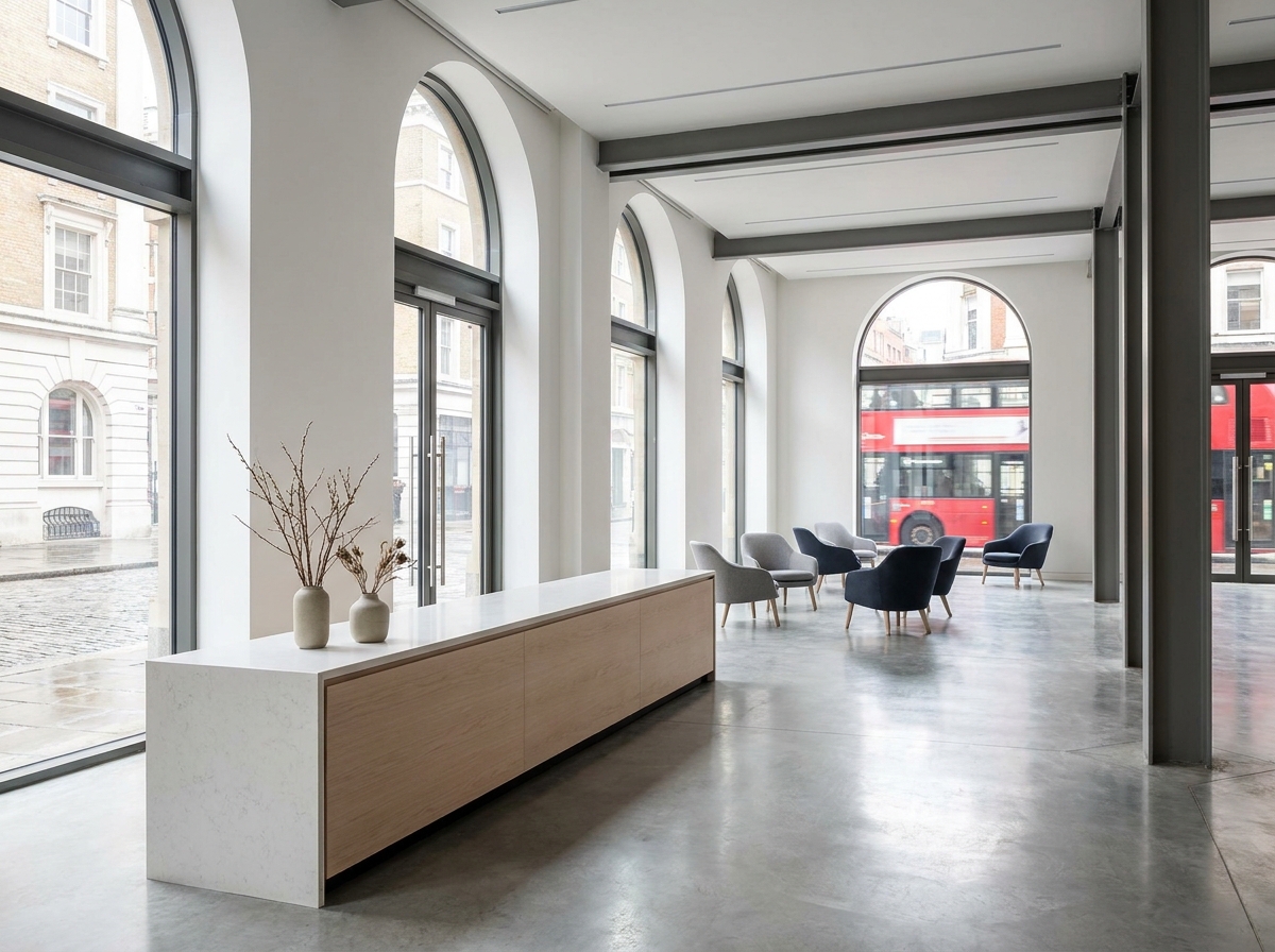 The empty reception area of a London venue, set up for professional event check-in.