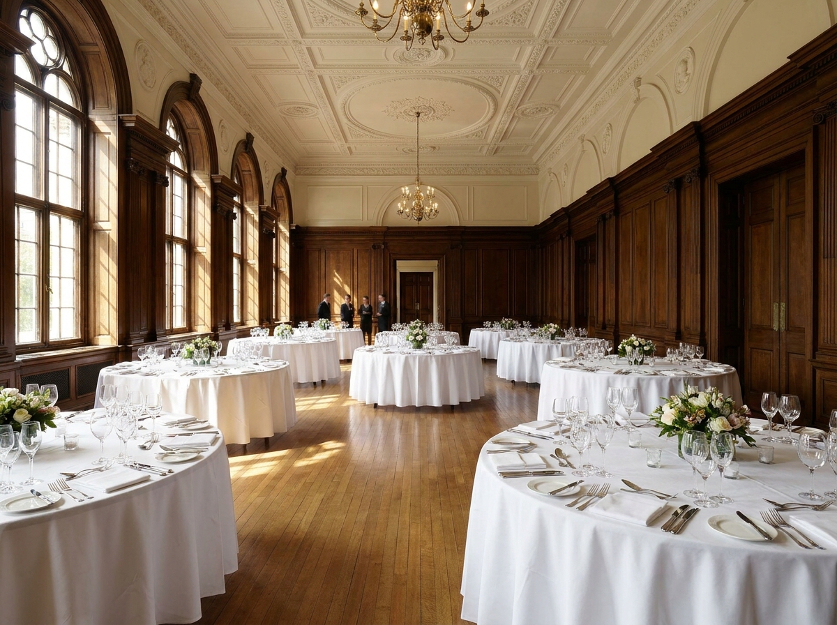 A classic London event room with tables set for a professional workshop or networking lunch.