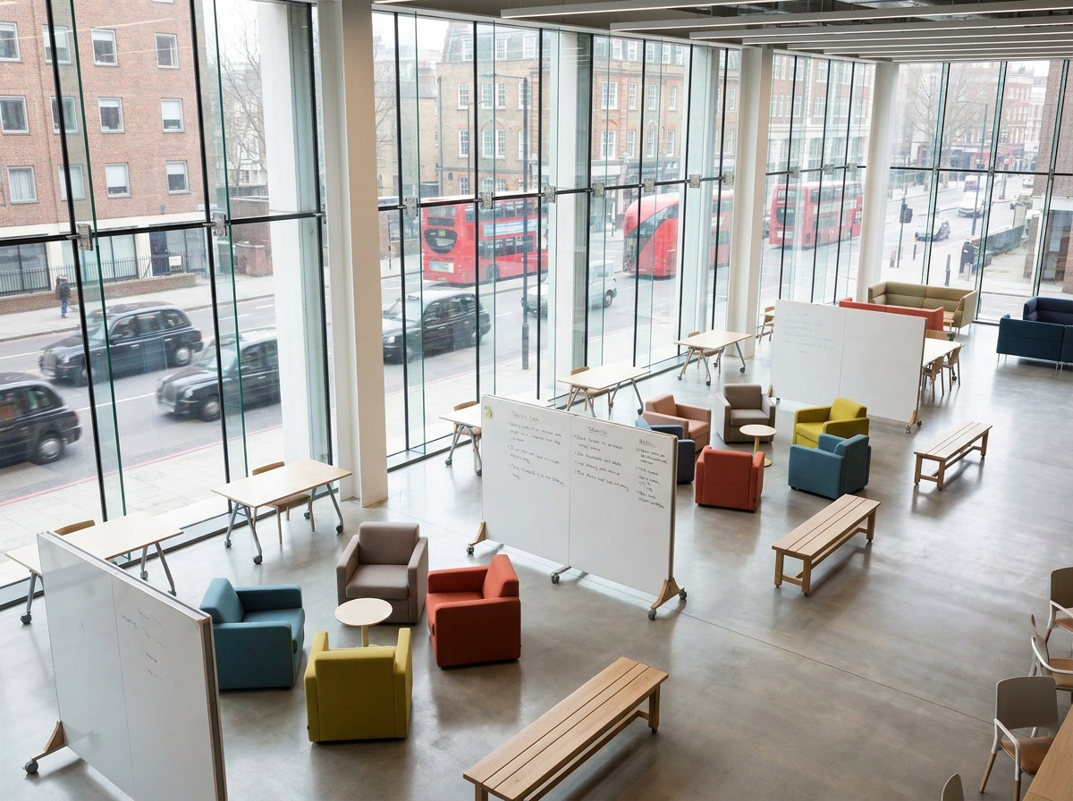 A modern and empty co-working space in London prepared for a business meetup.