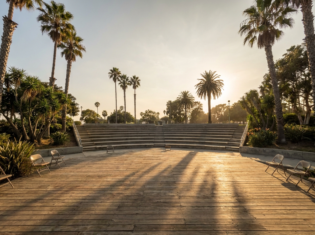 An empty outdoor stage in a park, set for a Long Beach event.